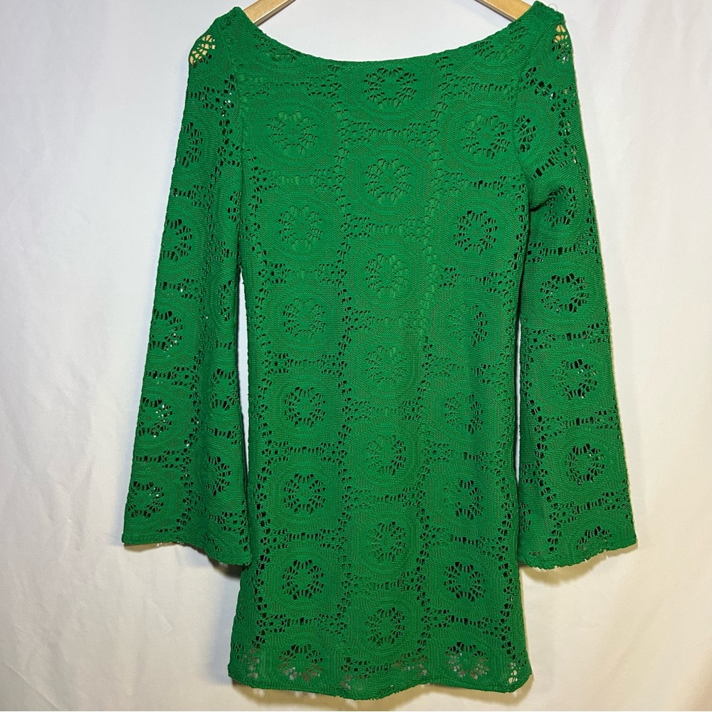 Judith March Green Crochet Mini Dress size Small bell sleeve boho 70’s